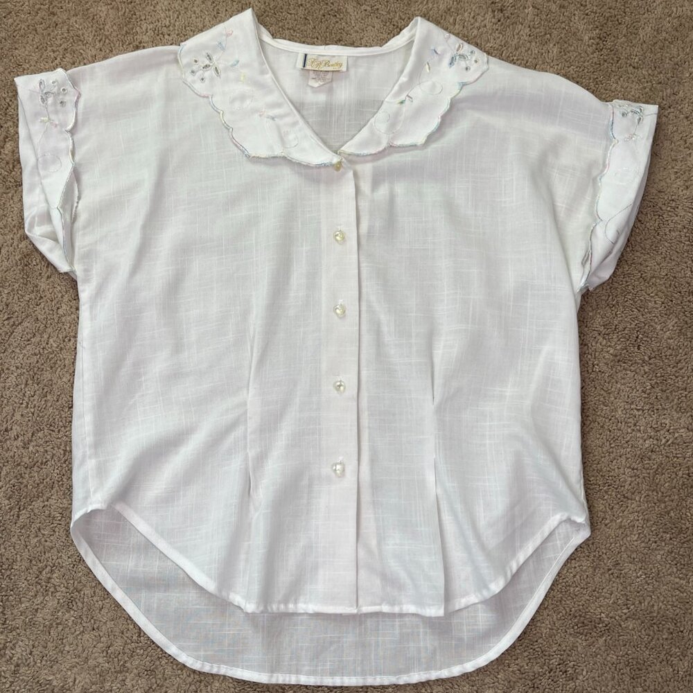 JR Bentley Shirt Womens 16 White Embroidered Rainbow Button Cottagecore Vintage